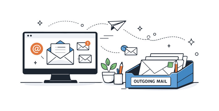 Digital and physical outgoing mail. A modern office scene combining email icons on a screen and a physical outgoing tray on the desk. Hybrid