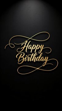 Elegant Happy Birthday Text in Gold Script on a Black Background, Perfect for Celebrating Special Occasions with Style and Class
