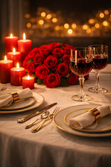 Luxury Table Setting for Two with Red Roses and Warm Candlelight