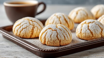 Soft and Fluffy Cracked Cookies on a Baking Tray with a Coffee Cup in a Cozy Kitchen Setting, Perfect for Dessert Lovers and Baking Enthusiasts
