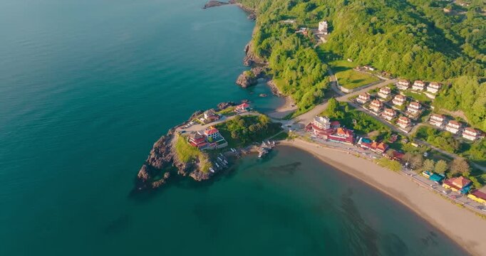 Aerial view of Mugada beach and forested rocky coastline in Bartin, Turkey