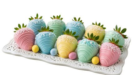 Pastel chocolate covered strawberries with easter eggs isolated on transparent background