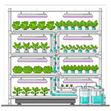 Indoor hydroponic system with leafy greens.