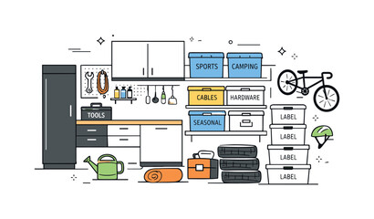 Efficient Garage Organization. Smart storage solutions for garages. Modular cabinets and stackable boxes arranged with clear spacing and labels. Clean visual