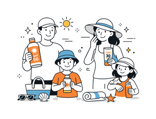Sun protection products family use. Adults and children standing together with sunscreen bottles, preparing for a sunny day. The mood is