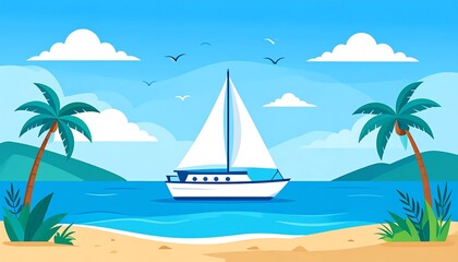 Sunny cartoon seascape featuring a sailboat, palm trees, sandy beach, mountains, clouds, and birds in a clear blue sky
