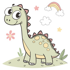 Adorable baby brontosaurus vector illustration with rainbow and clouds, kawaii dinosaur character for nursery decor © My Creative Stock
