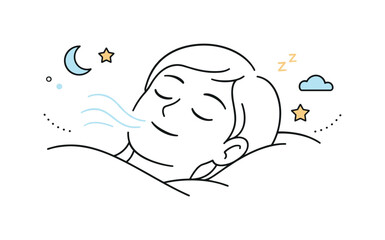 Obraz premium Restful sleep moment. Close-up style scene of a relaxed face with closed eyes, slow breathing suggested by curved lines. Serene editorial