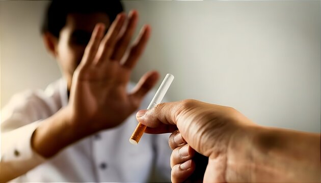Close up of a man hand making stop gesture to refuse a cigarette. Concept for quitting smoking, healthy lifestyle, world no tobacco day, and healthcare awareness for better lungs.