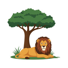 Lion resting in the shade outdoors.