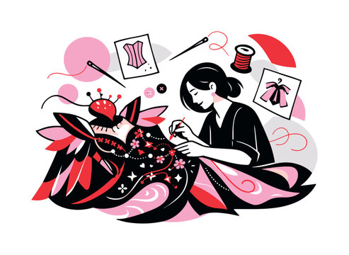   Elaborate stage wardrobe. A costume designer embroiders details onto a dramatic garment,