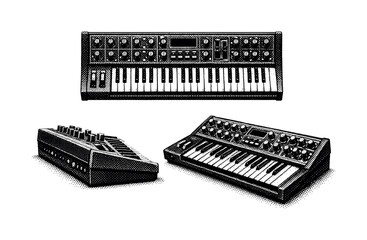 Music poster layout featuring a keyboard synthesizer panel as the central object shown from front view, side view, and three-quarter view as