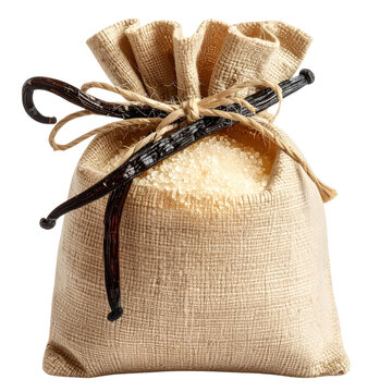Burlap sack of vanilla sugar tied with black ribbon on white background minimalist baking ingredient
