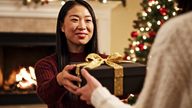 Happy woman exchanging holiday gift in cozy home by fireplace
