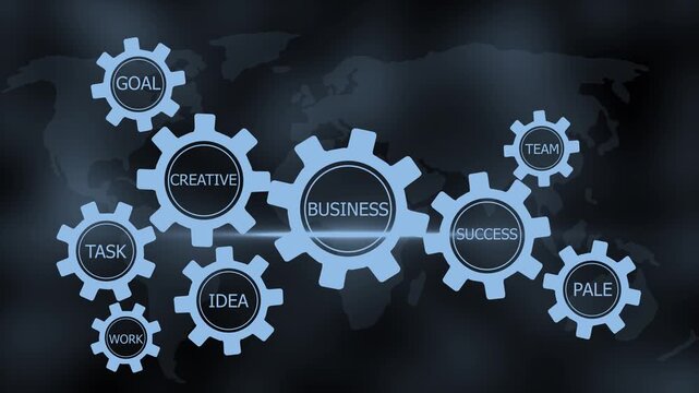 Monochrome business concept graphic with interconnected gears labeled goal, Interconnected business gears concept over world map animation