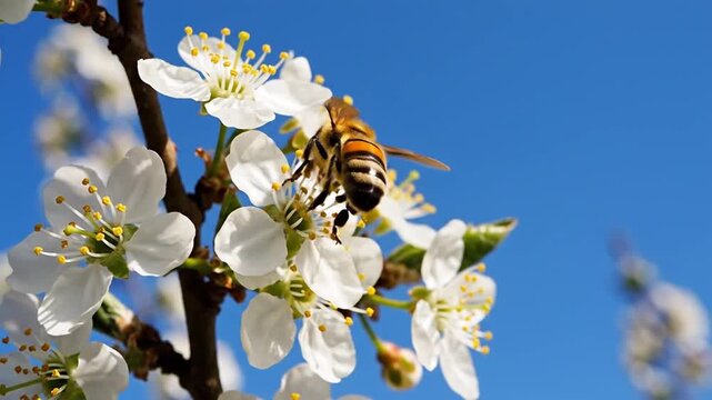 Honey bee pollinating white flower blossoms against clear blue sky