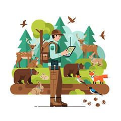 Man with backpack and tablet outdoors.