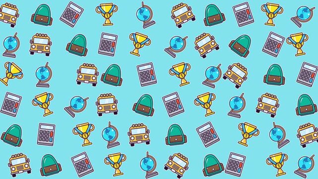 Schoolthemed pattern featuring buses, globes, and calculators, suitable for educational posters, stationery designs, or classroom decorations. Great for backtoschool projects.