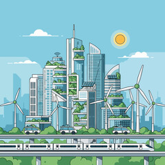 Modern city with wind turbines and green spaces. © MUHRODIN