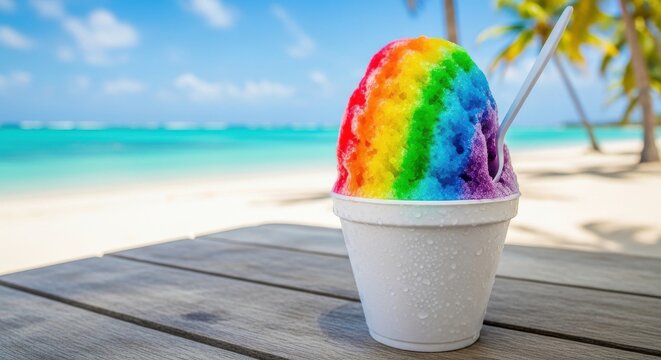 Rainbow shaved ice in cup on beachside wooden table
