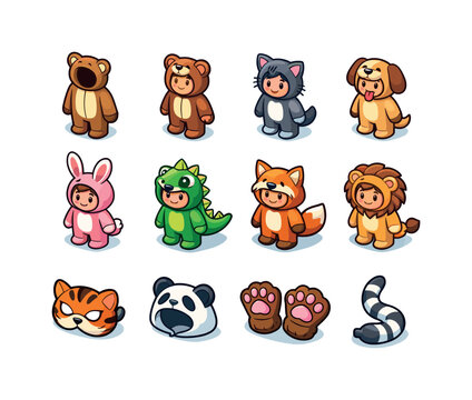 Colorful Animal Costumes. Animal costumes. Colorful isometric vector icons set of animal costumes: animal costume suit, bear costume, cat costume, dog costume,