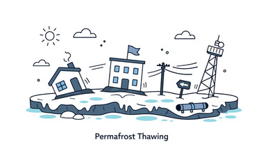 Naklejka premium Permafrost Thawing Effect. Permafrost thawing. Small buildings and infrastructure slightly tilting as the ground beneath begins to melt. Gentle visual metaphor