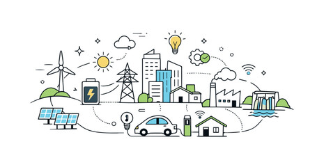 Smart energy city grid. Abstract urban map with renewable energy sources connected by soft lines. Efficient distribution, innovation and calm