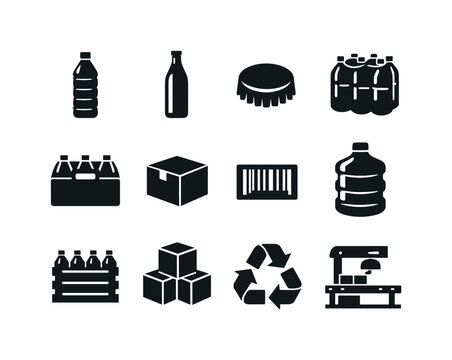 water packaging. Solid icon set of water packaging: plastic bottle, glass bottle, bottle cap, shrink wrap, six pack carrier, box packaging,