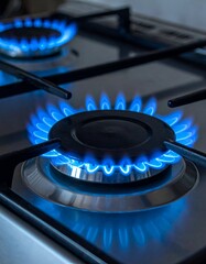 Close-up of a gas stove with blue flames.
