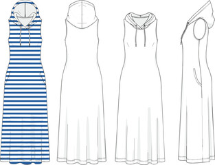 Blue and white striped sleeveless hooded dresses with drawstrings