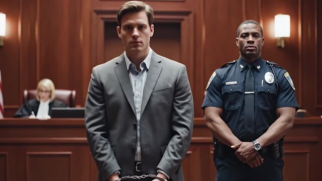 Lawsuit Scene Man in Handcuffs with Police Officer in Courtroom Setting with Judge in Blurred Background
