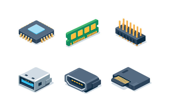 SBC components. Isometric flat vector icons set of SBC components: ARM processor chip, RAM memory module, GPIO pin header, USB connector