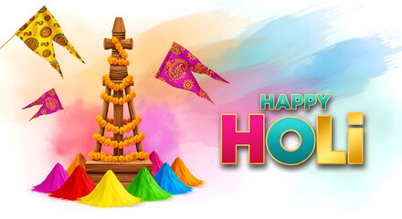 Naklejka premium Vibrant Holi Celebration Scene with Colorful Powders and Traditional Flags