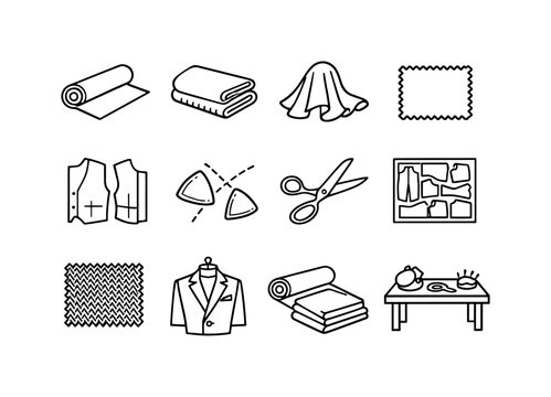    Luxury Suit Fabrics. Line icon set of Luxury Suit Fabrics: luxury fabric roll, wool cloth, silk lining, cashmere swatch, pattern pieces,