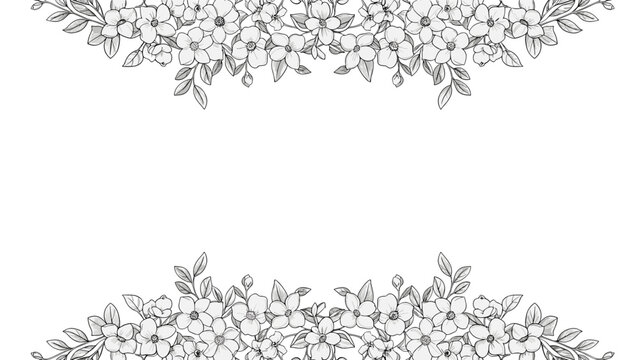 Elegant floral frame with black and white hand-drawn flowers and leaves creating a top and bottom border with an embroidery effect.