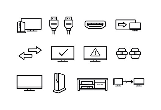 Console TV Connection Icons. Console to TV connection. Line icon set of console to TV connection: console near TV, HDMI cable ends, HDMI port, TV input label,
