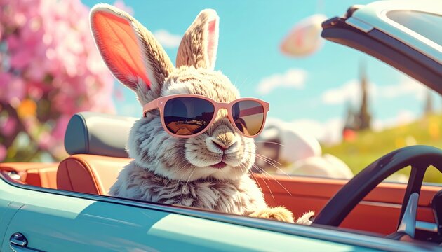 cute bunny driving blue convertible car, fluffy rabbit in pink sunglasses holding steering wheel, muzzle looking at camera against spring landscape with easter eggs