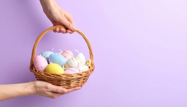 female hands holding wicker basket full of colorful easter eggs, woman arms carrying holiday decoration on pastel purple background, copyspace