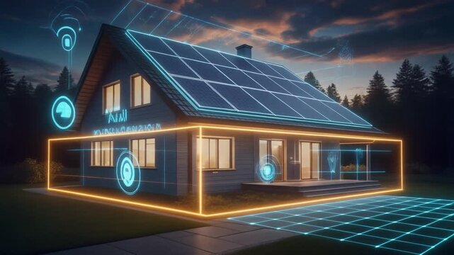 Futuristic smart home with solar panels on roof, glowing digital icons for Wi-Fi, security, and energy management, grid-like ground pattern, forest backdrop under twilight sky, symbolizing sustainabil