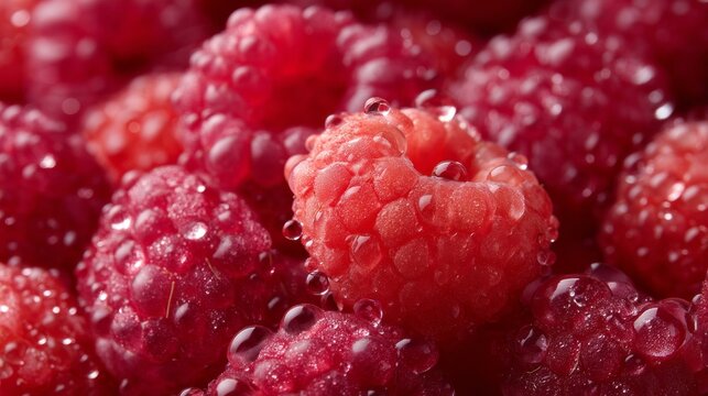 A close up of a bunch of raspberries with a few drops of water on them