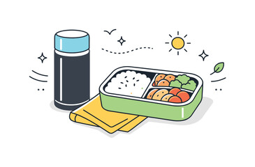 Elegant Outdoor Lunch. Thermal flask with lunch setup. A closed thermos beside a bento box and cloth napkin, abstract lines and icons indicating a thoughtful