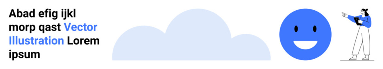 Fototapeta premium Cloud shape, smiling face icon, person pointing at content, simple text. Ideal for web design, tech, education, presentations, communication branding simple landing page