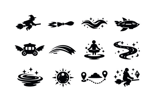 Wizardry Air Travel. Solid icon set of Wizardry Air Travel: wizard on broom, magical propulsion, spell wave, airborne transport, fantasy