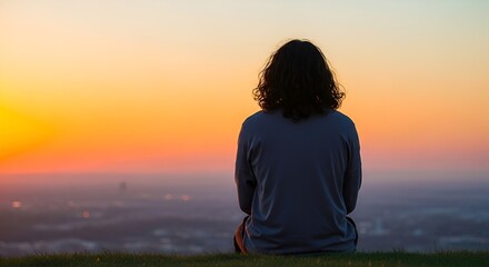 Fototapeta premium person watching sunset, peaceful contemplation, orange sky