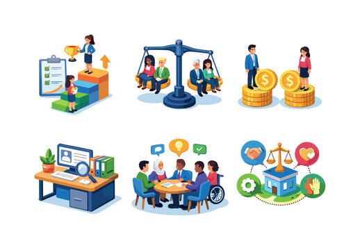 Equity at work. Isometric flat vector icons set of equity at work: fair promotion process, balanced leadership team, equal pay concept scene,