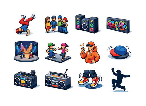 Street Dance Icons. Street Dance. Colorful isometric vector icons set of Street Dance: breakdancer move, crowd watching, music speaker, graffiti wall, night