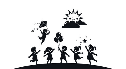 Obraz premium Children Playing with Kites and Balloons Silhouette.