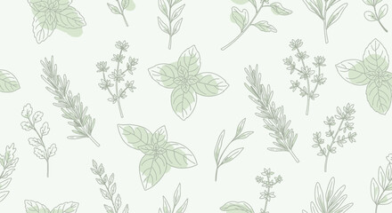 Seamless Green Botanical Herb Pattern &ndash; Hand Drawn Leaf Vector Background