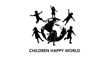 Children Silhouettes Around Globe Happy World.