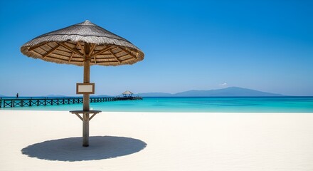 beach umbrella on white sand, turquoise water